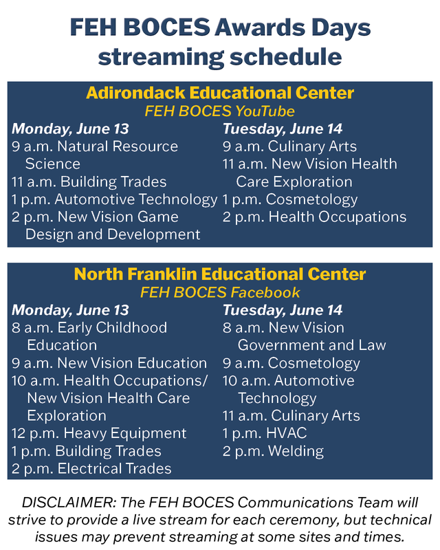 FEH BOCES Awards Days streaming schedule